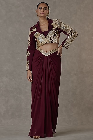 Plum Son-Chidiya Textured Cropped Sitara Embroidered Blazer Set by Masaba