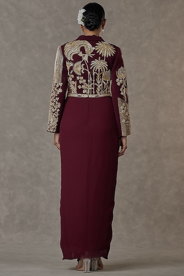 Plum Son-Chidiya Textured Cropped Sitara Embroidered Blazer Set by Masaba at Pernia's Pop Up Shop