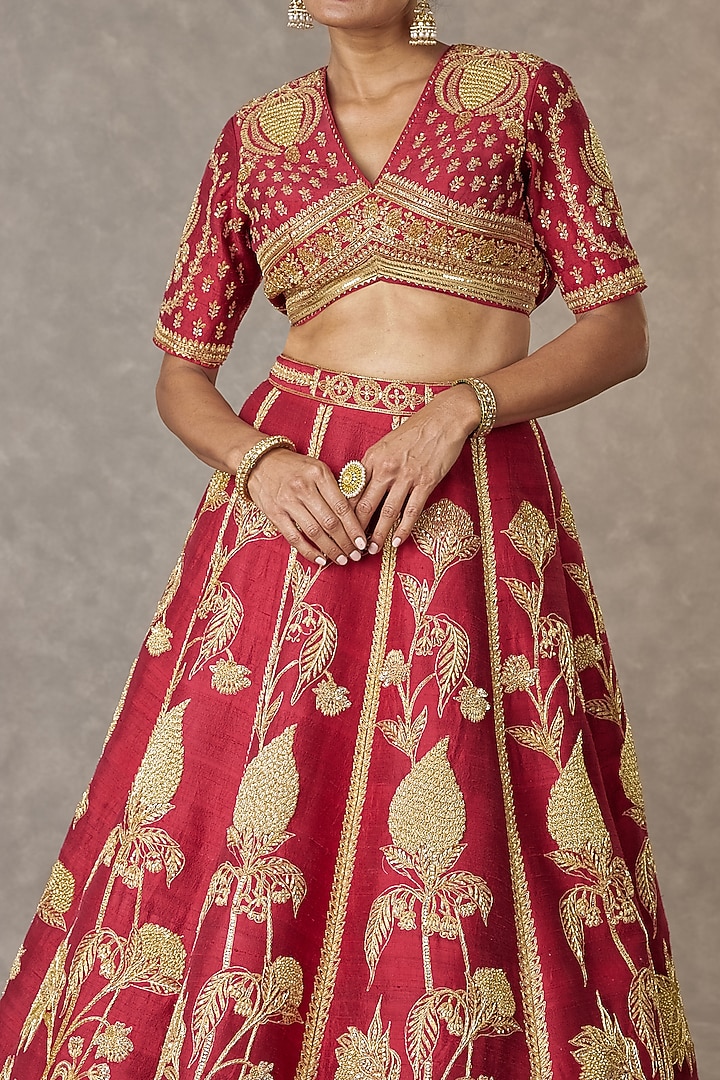 Maroon Anar-Phool Raw Silk Dori Embroidered Bridal Lehenga Set by Masaba at Pernia's Pop Up Shop