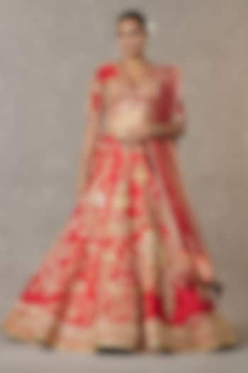 Red Bagh-E-Bahar Neelkamal Raw Silk Thread Embroidered Bridal Lehenga Set by Masaba at Pernia's Pop Up Shop