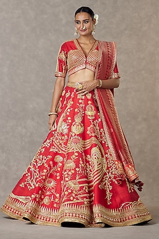 Red Bagh-E-Bahar Neelkamal Raw Silk Thread Embroidered Lehenga Set by Masaba