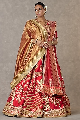 Red Bagh-E-Bahar Neelkamal Raw Silk Dori Embroidered Lehenga Set by Masaba
