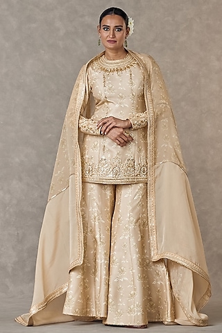Beige Narangi Bagh Raw Silk Digital Printed Sharara Set by Masaba