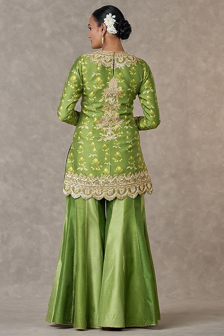 Olive Green Narangi Bagh Raw Silk Color Block Bridal Sharara Set by Masaba at Pernia's Pop Up Shop