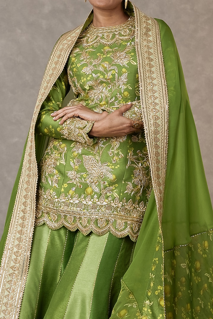 Olive Green Narangi Bagh Raw Silk Color Block Bridal Sharara Set by Masaba at Pernia's Pop Up Shop