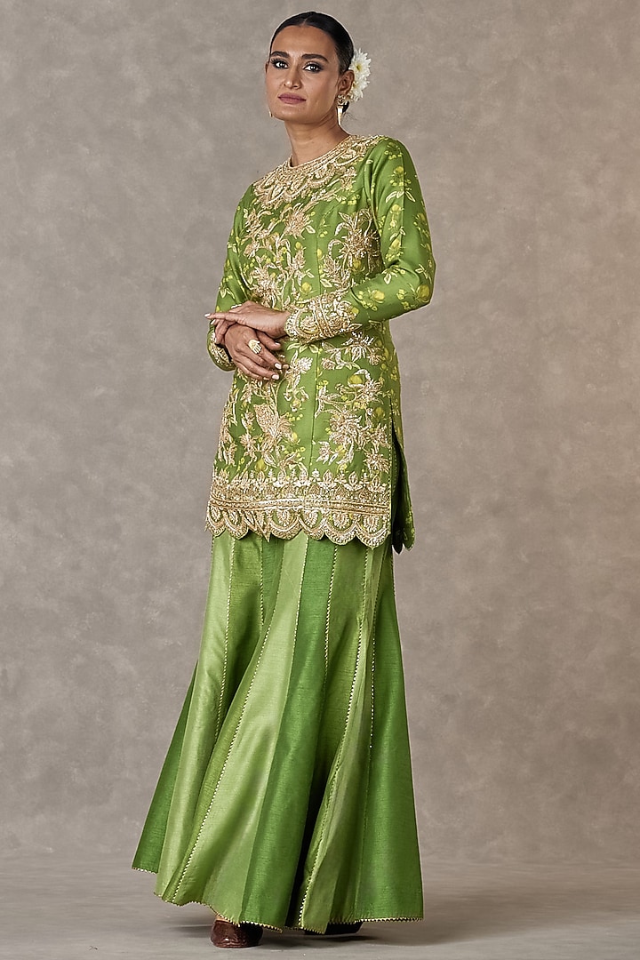 Olive Green Narangi Bagh Raw Silk Color Block Bridal Sharara Set by Masaba at Pernia's Pop Up Shop