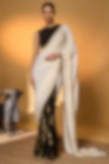 Black & Ivory Crepe Silk Tree Foil Printed Party Wear Saree Set by Masaba at Pernia's Pop Up Shop