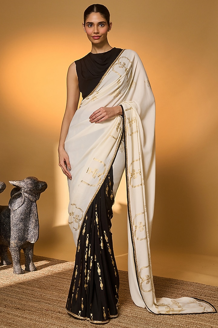 Black & Ivory Crepe Silk Tree Foil Printed Party Wear Saree Set by Masaba at Pernia's Pop Up Shop