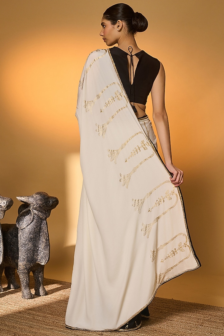 Black & Ivory Crepe Silk Tree Foil Printed Party Wear Saree Set by Masaba at Pernia's Pop Up Shop