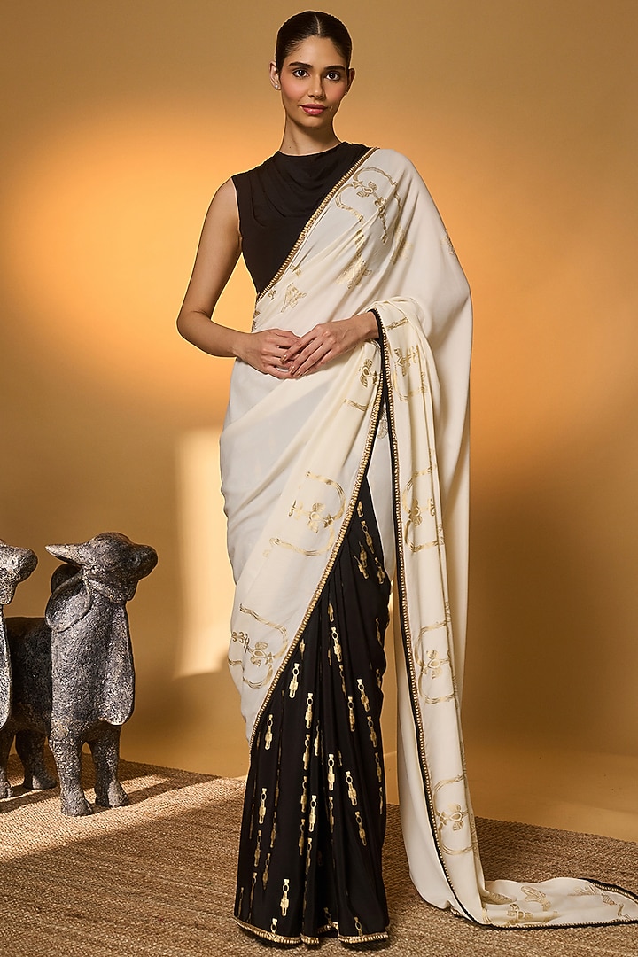 Black & Ivory Crepe Silk Tree Foil Printed Party Wear Saree Set by Masaba at Pernia's Pop Up Shop