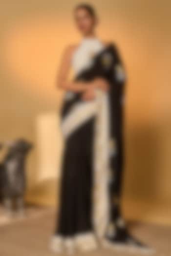 Black Crepe Silk Printed Party Wear Saree Set by Masaba at Pernia's Pop Up Shop