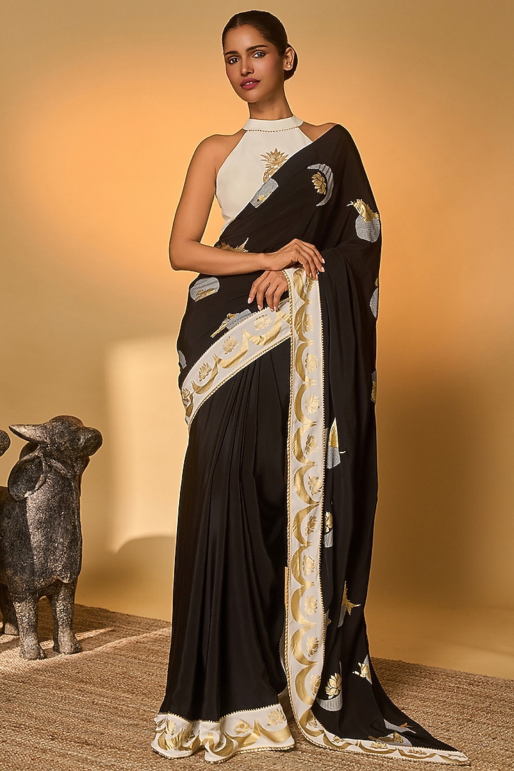 Black Crepe Silk Printed Party Wear Saree Set by Masaba at Pernia's Pop Up Shop