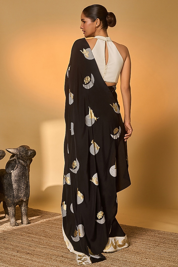 Black Crepe Silk Printed Party Wear Saree Set by Masaba at Pernia's Pop Up Shop