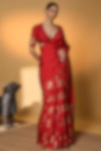 Red Habutai Silk Foil Printed & Embroidered Wedding Saree Set by Masaba at Pernia's Pop Up Shop