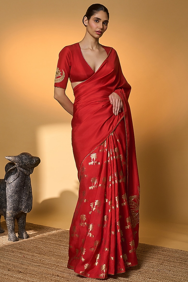 Red Habutai Silk Foil Printed & Embroidered Wedding Saree Set by Masaba at Pernia's Pop Up Shop