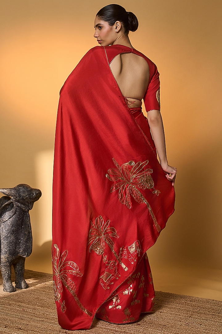 Red Habutai Silk Foil Printed & Embroidered Wedding Saree Set by Masaba at Pernia's Pop Up Shop
