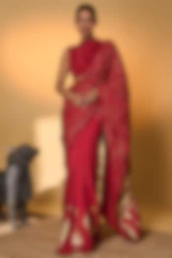 Red Habutai Silk Foil Printed Wedding Saree Set by Masaba at Pernia's Pop Up Shop