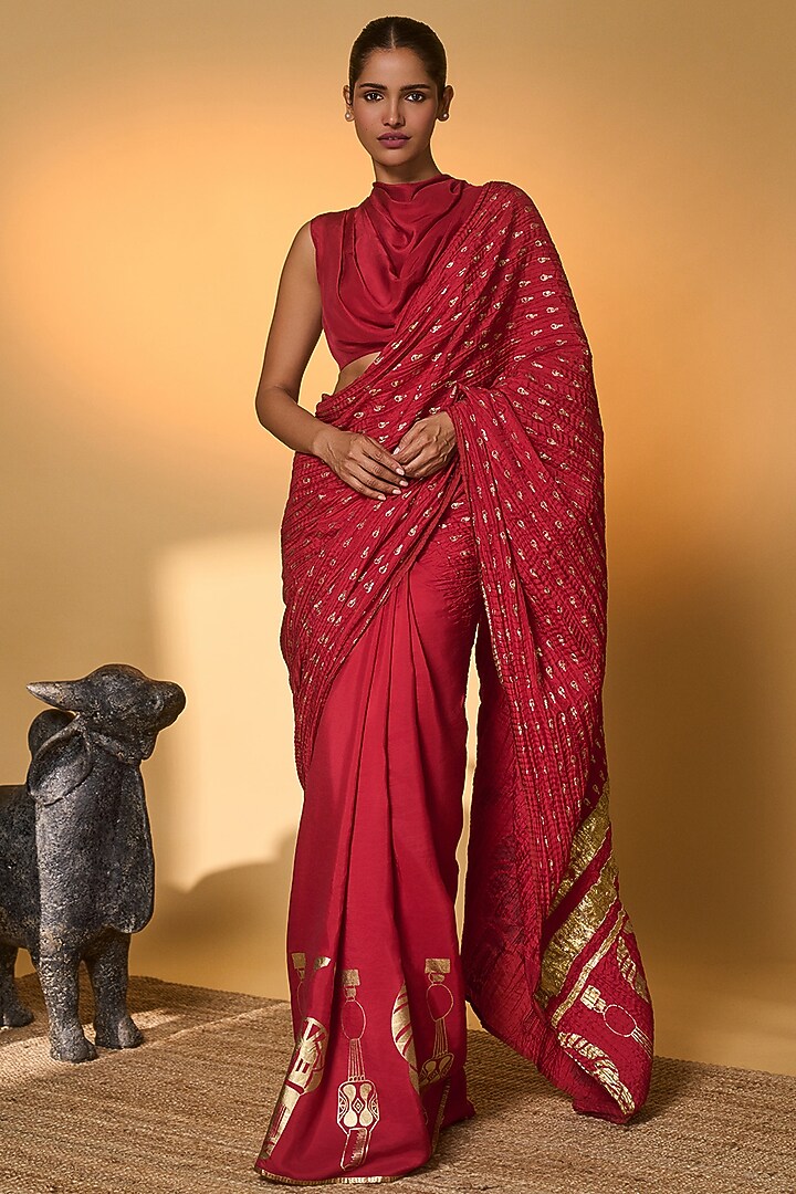 Red Habutai Silk Foil Printed Wedding Saree Set by Masaba at Pernia's Pop Up Shop
