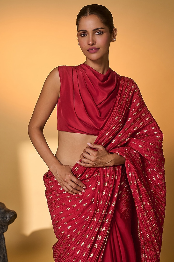Red Habutai Silk Foil Printed Wedding Saree Set by Masaba at Pernia's Pop Up Shop
