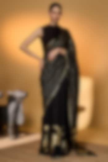 Black Habutai Silk Foil Printed Wedding Saree Set by Masaba at Pernia's Pop Up Shop