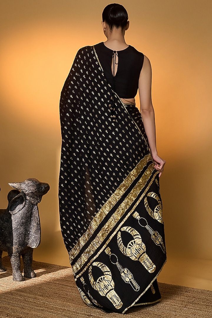 Black Habutai Silk Foil Printed Wedding Saree Set by Masaba at Pernia's Pop Up Shop