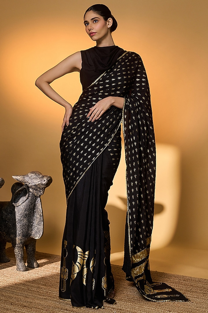 Black Habutai Silk Foil Printed Wedding Saree Set by Masaba at Pernia's Pop Up Shop