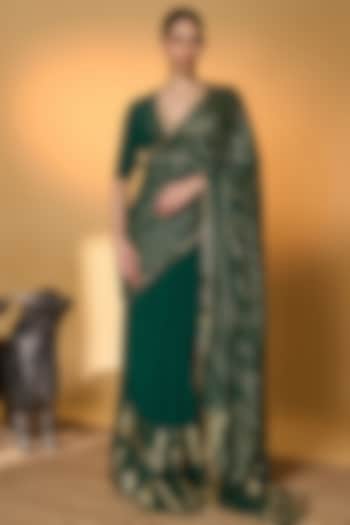 Emerald Green Crepe Silk Foil Printed Wedding Saree Set by Masaba at Pernia's Pop Up Shop