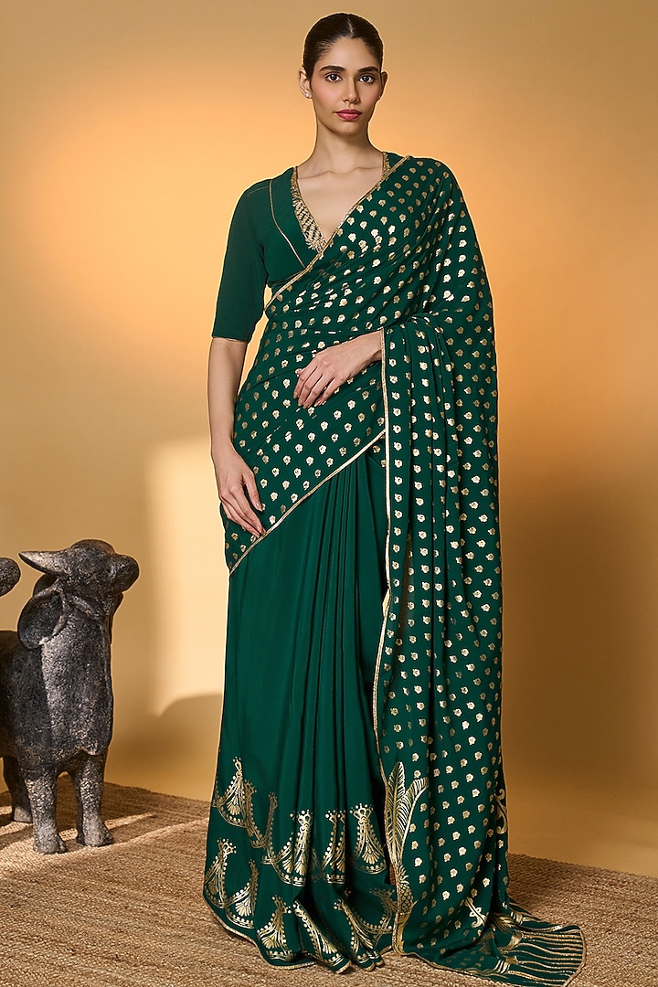 Emerald Green Crepe Silk Foil Printed Wedding Saree Set by Masaba at Pernia's Pop Up Shop