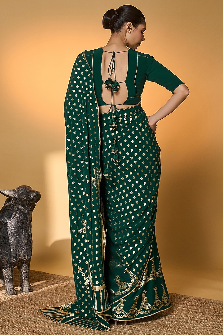 Emerald Green Crepe Silk Foil Printed Wedding Saree Set by Masaba at Pernia's Pop Up Shop
