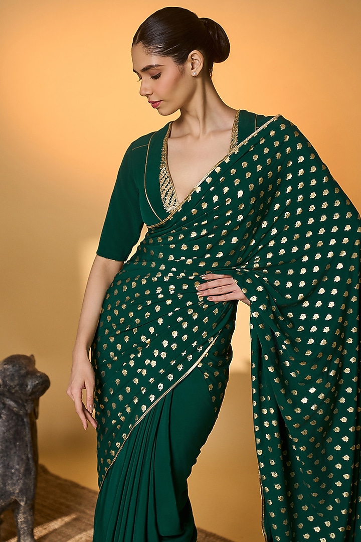 Emerald Green Crepe Silk Foil Printed Wedding Saree Set by Masaba at Pernia's Pop Up Shop