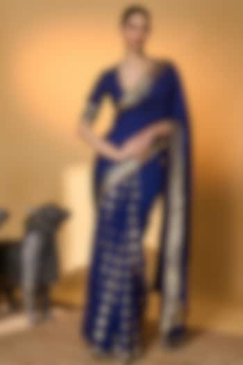 Navy Blue Raw Silk Foil Printed & Sequins Embellished Wedding Saree Set by Masaba at Pernia's Pop Up Shop