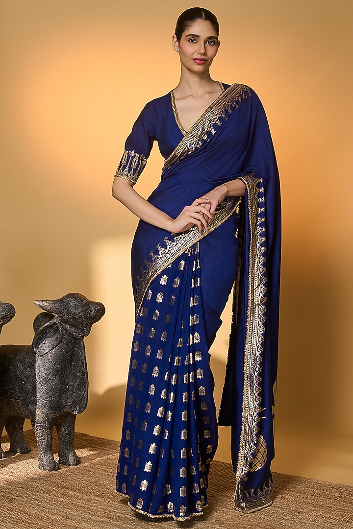 Navy Blue Raw Silk Foil Printed & Sequins Embellished Wedding Saree Set by Masaba at Pernia's Pop Up Shop