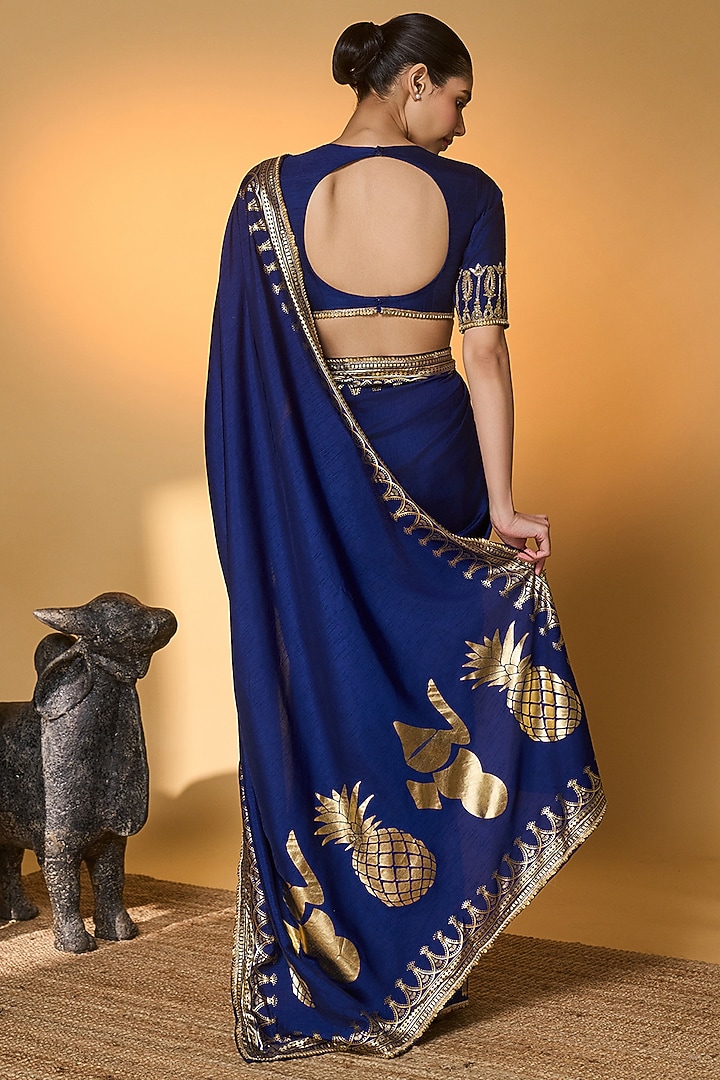 Navy Blue Raw Silk Foil Printed & Sequins Embellished Wedding Saree Set by Masaba at Pernia's Pop Up Shop
