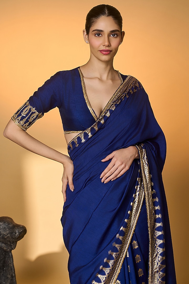 Navy Blue Raw Silk Foil Printed & Sequins Embellished Wedding Saree Set by Masaba at Pernia's Pop Up Shop