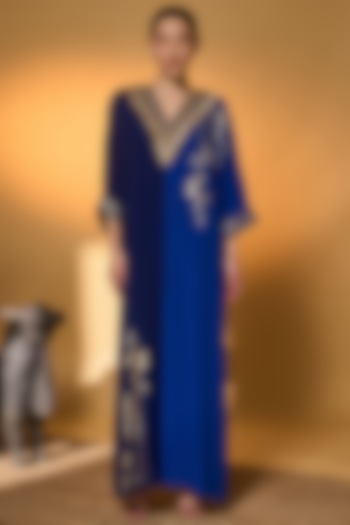 Blue Crepe Silk Gold Foil Floral Motif Kaftan by Masaba at Pernia's Pop Up Shop