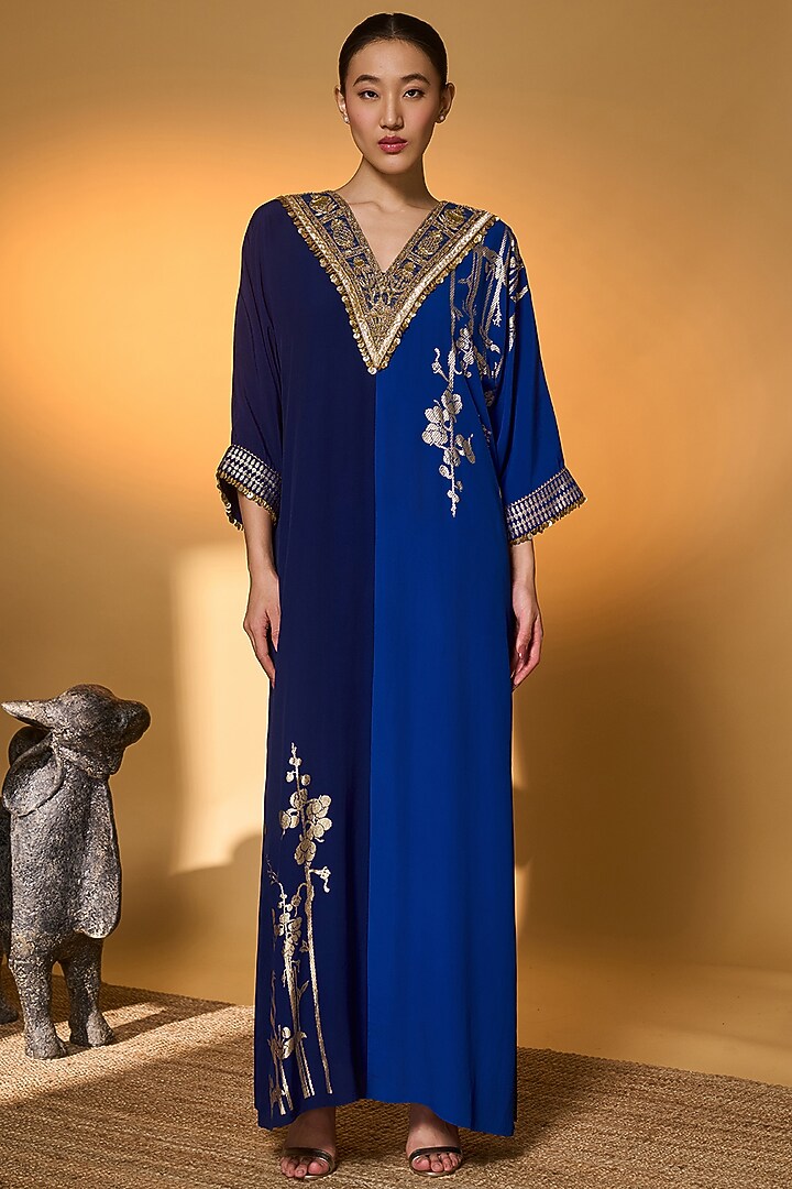 Blue Crepe Silk Gold Foil Floral Motif Kaftan by Masaba at Pernia's Pop Up Shop