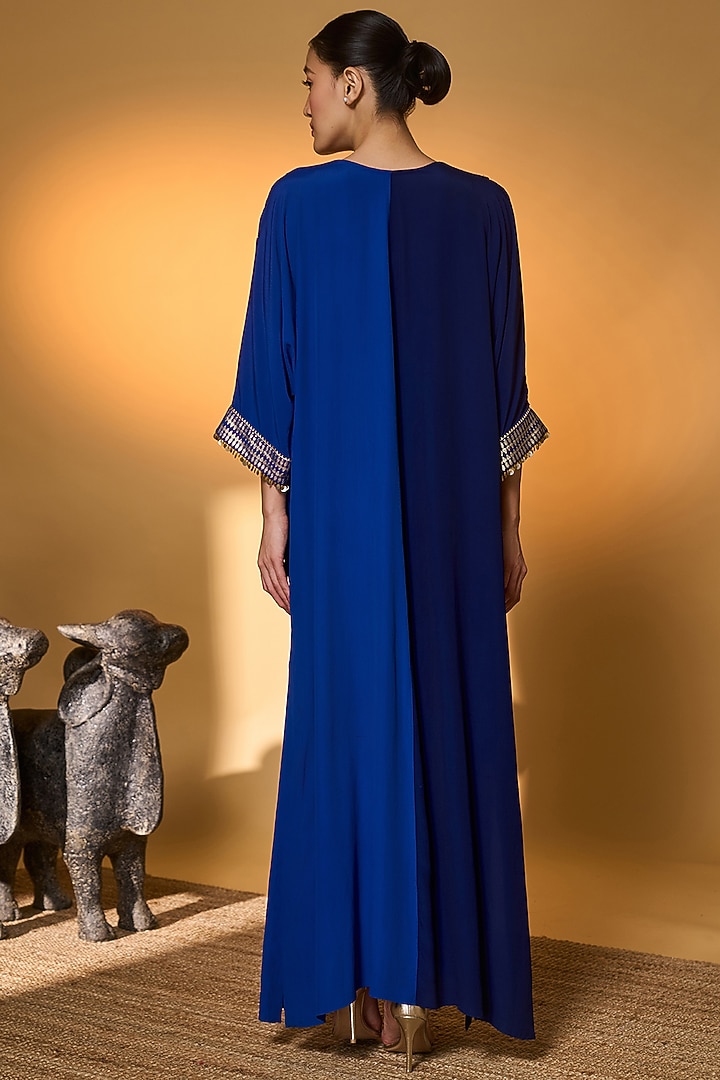 Blue Crepe Silk Gold Foil Floral Motif Kaftan by Masaba at Pernia's Pop Up Shop