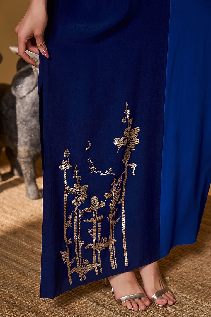 Blue Crepe Silk Gold Foil Floral Motif Kaftan by Masaba at Pernia's Pop Up Shop