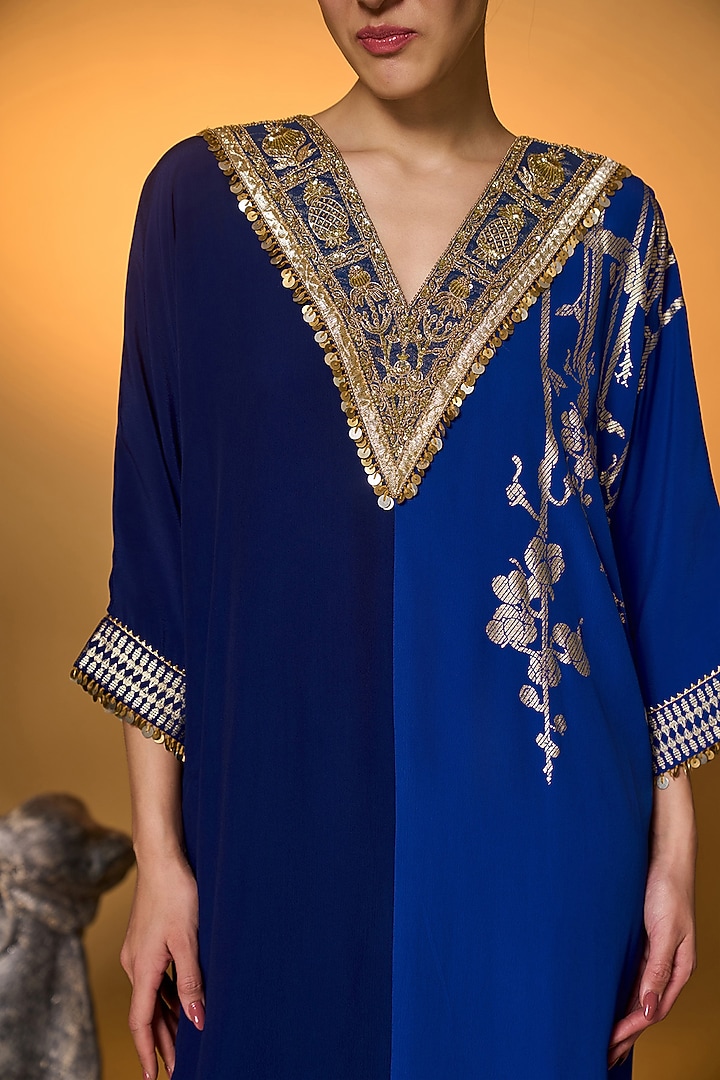 Blue Crepe Silk Gold Foil Floral Motif Kaftan by Masaba at Pernia's Pop Up Shop