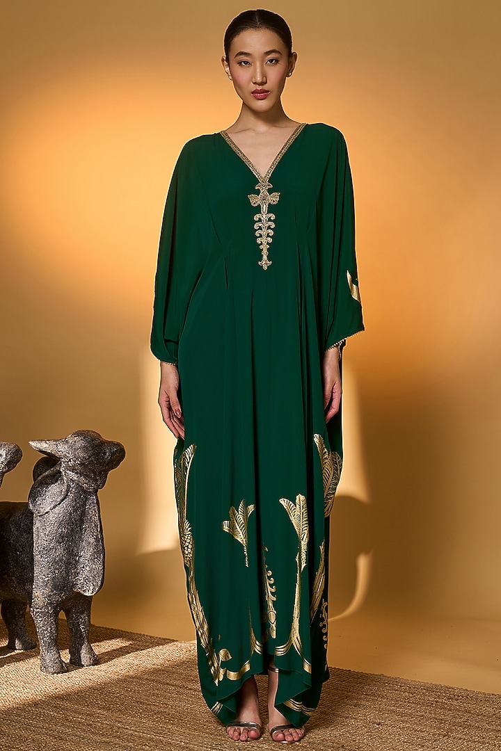 Green Crepe Silk Tree Foil Printed Kaftan by Masaba at Pernia's Pop Up Shop