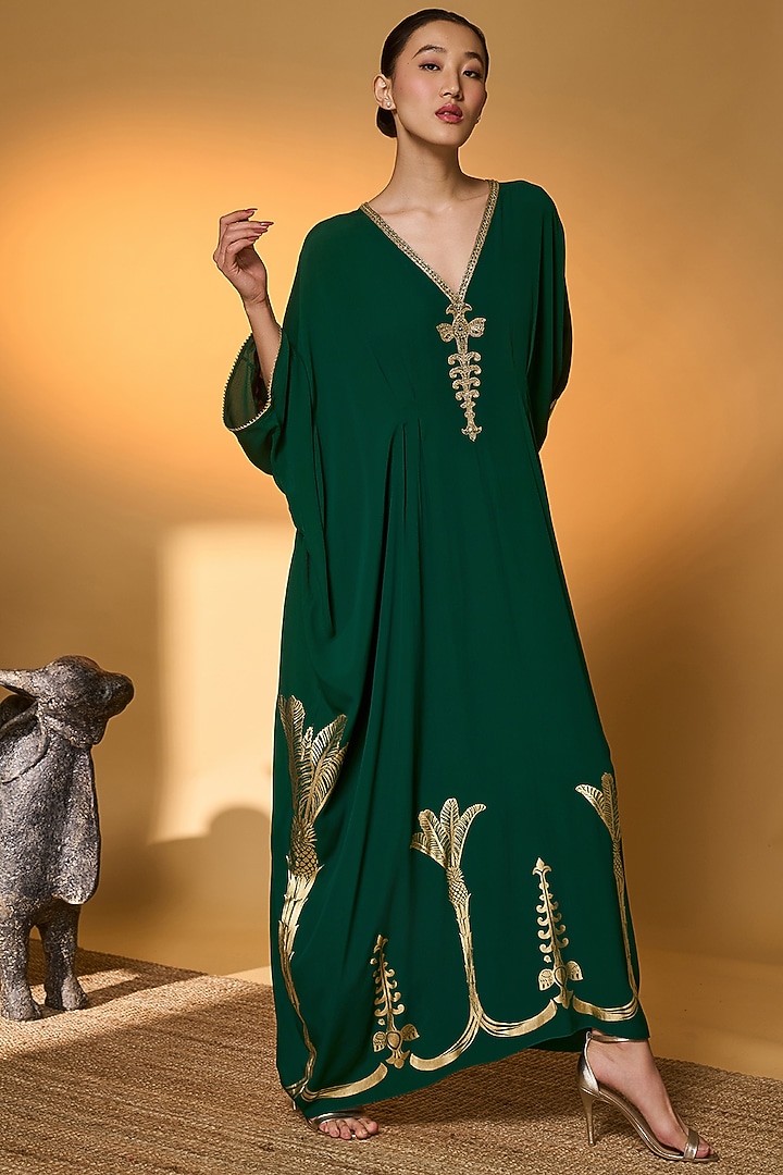 Green Crepe Silk Tree Foil Printed Kaftan by Masaba at Pernia's Pop Up Shop