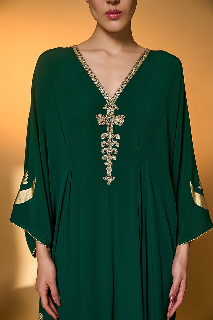 Green Crepe Silk Tree Foil Printed Kaftan by Masaba at Pernia's Pop Up Shop