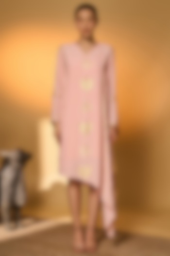 Baby Pink Crepe Silk Foil Motif Asymmetrical Kaftan by Masaba at Pernia's Pop Up Shop