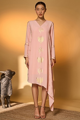 Baby Pink Crepe Silk Foil Motif Asymmetrical Kaftan by Masaba