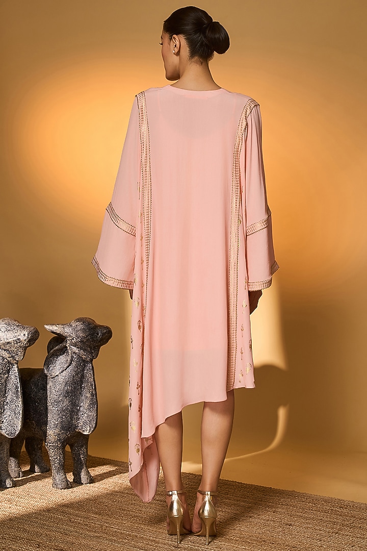 Baby Pink Crepe Silk Foil Motif Asymmetrical Kaftan by Masaba at Pernia's Pop Up Shop