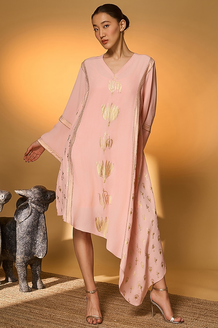 Baby Pink Crepe Silk Foil Motif Asymmetrical Kaftan by Masaba at Pernia's Pop Up Shop
