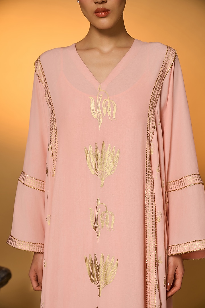 Baby Pink Crepe Silk Foil Motif Asymmetrical Kaftan by Masaba at Pernia's Pop Up Shop