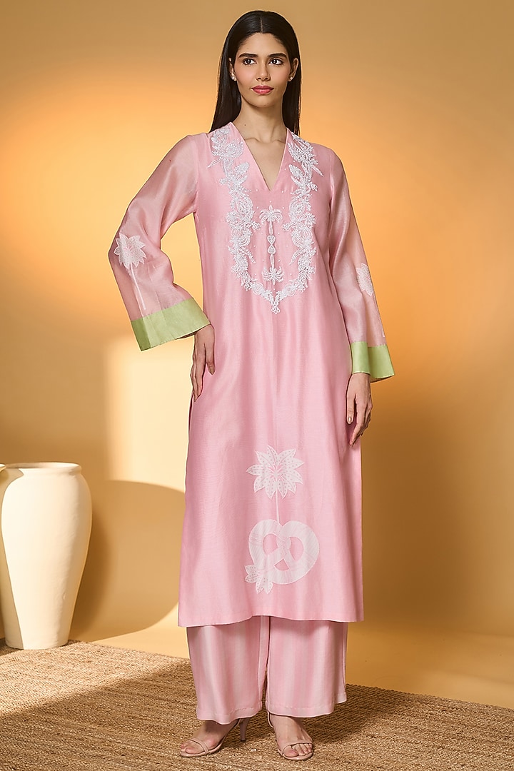 Pink Chanderi Embroidered Kurta Set by Masaba at Pernia's Pop Up Shop