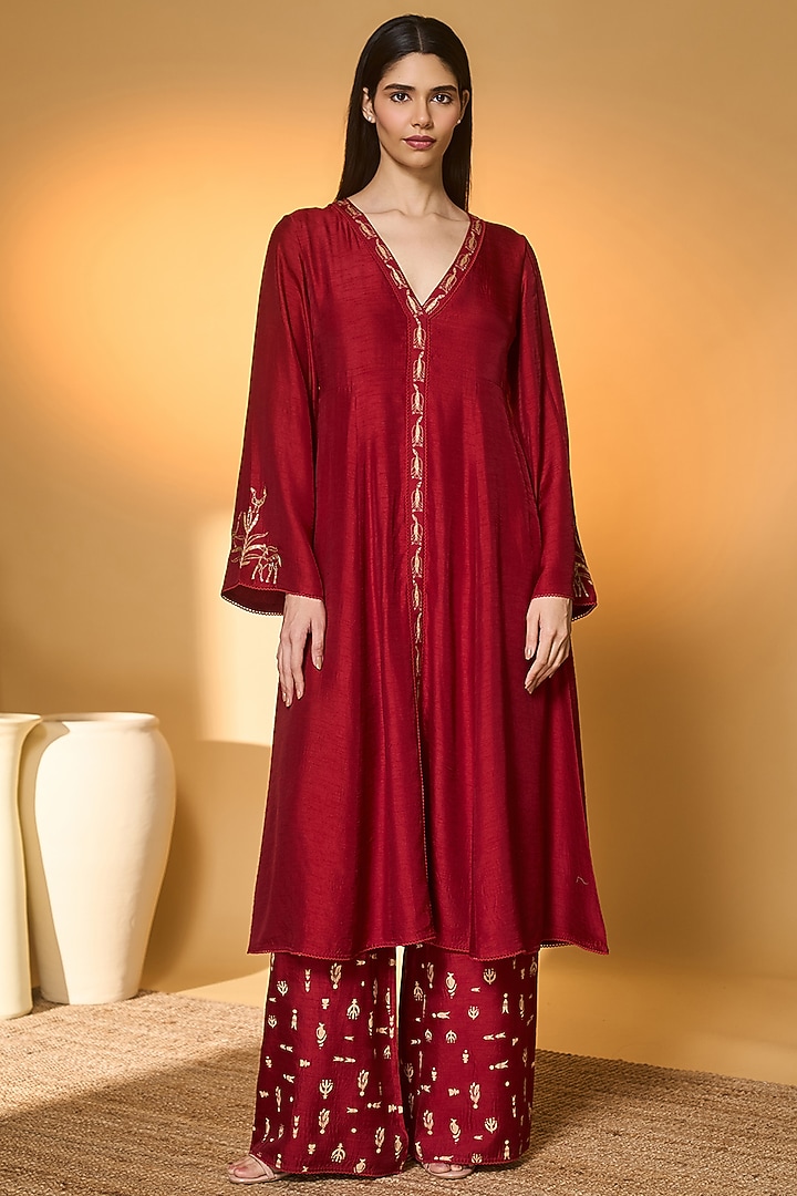 Red Silk Embroidered A-Line Kurta Set by Masaba at Pernia's Pop Up Shop