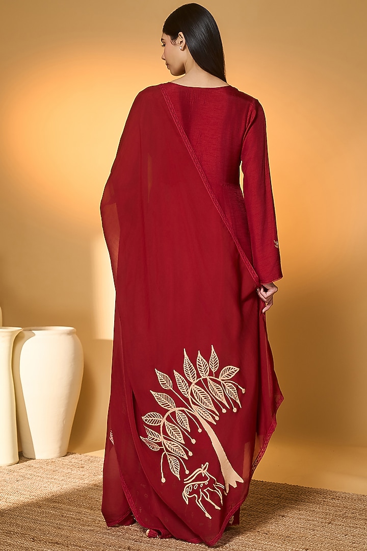 Red Silk Embroidered A-Line Kurta Set by Masaba at Pernia's Pop Up Shop